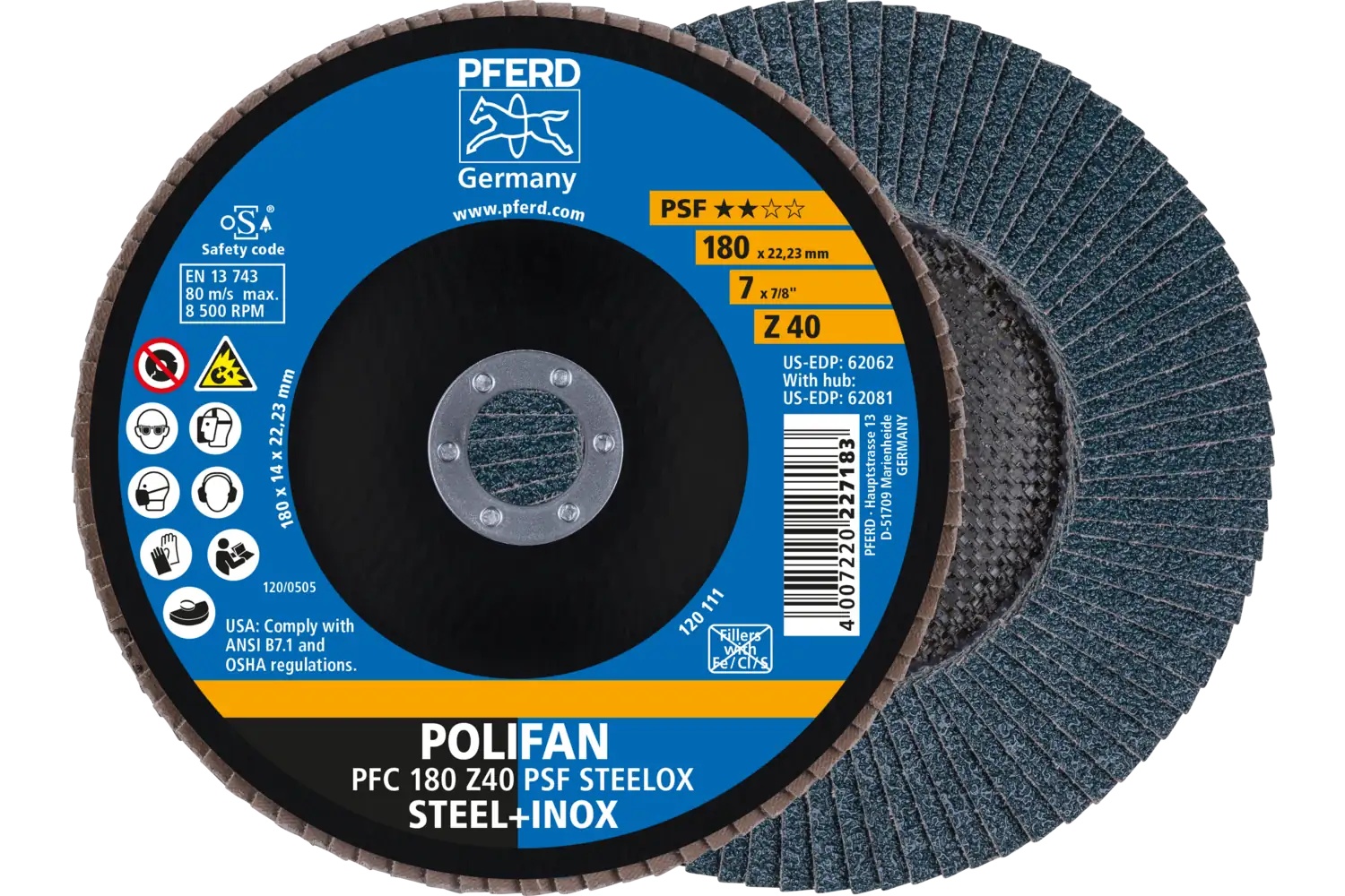 Picture of Pferd Flap Disc, 7" x 7/8, Z PSF Steelox, 40 Grit, T29, Conical, Zirconia